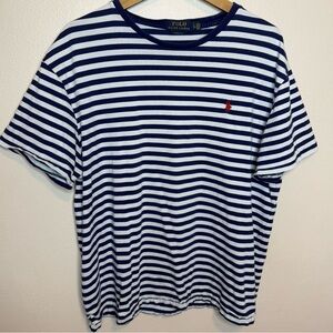 Ralph Lauren Men’s Blue Striped Short Sleeve Crewneck T Shirt Y2K Logo Cotton